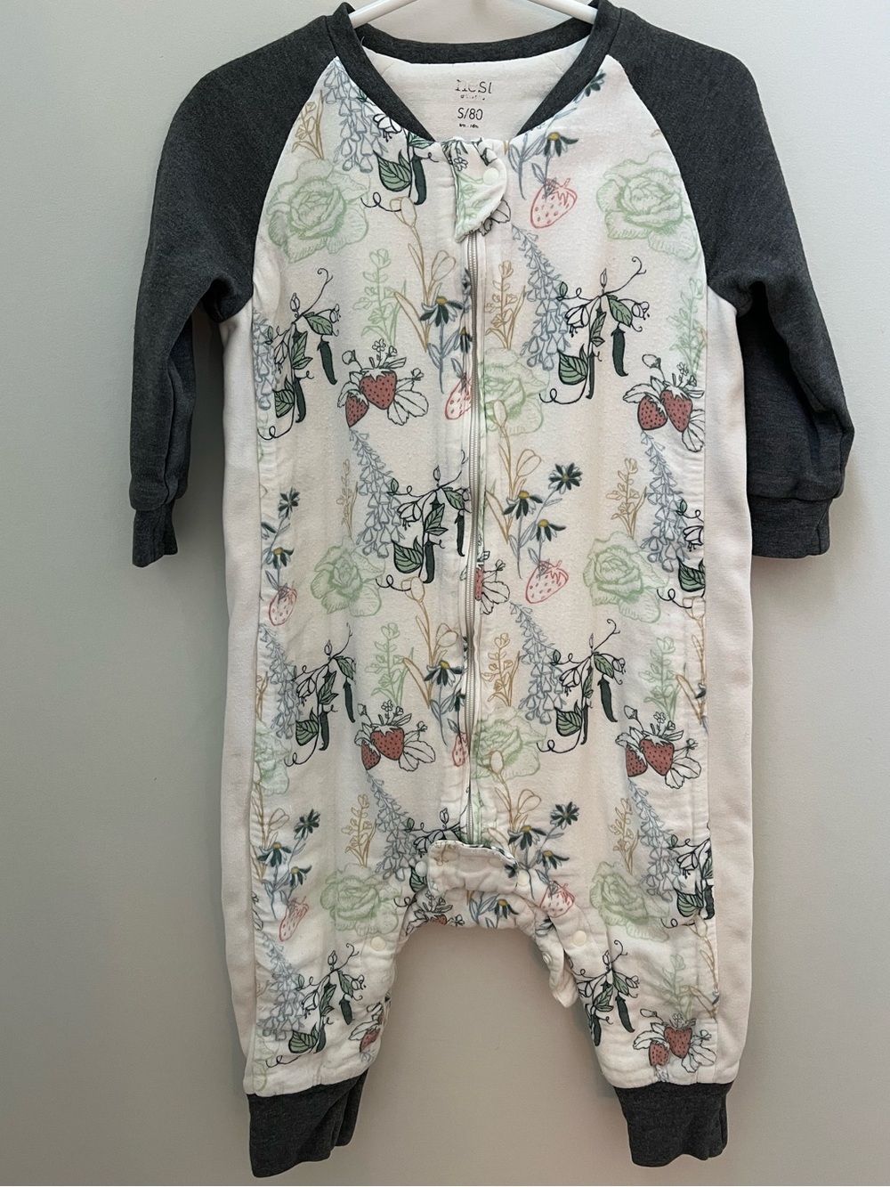 Floral & Strawberry Toddler Zip Romper with Dark Gray Raglan Sleeves Sleeper
